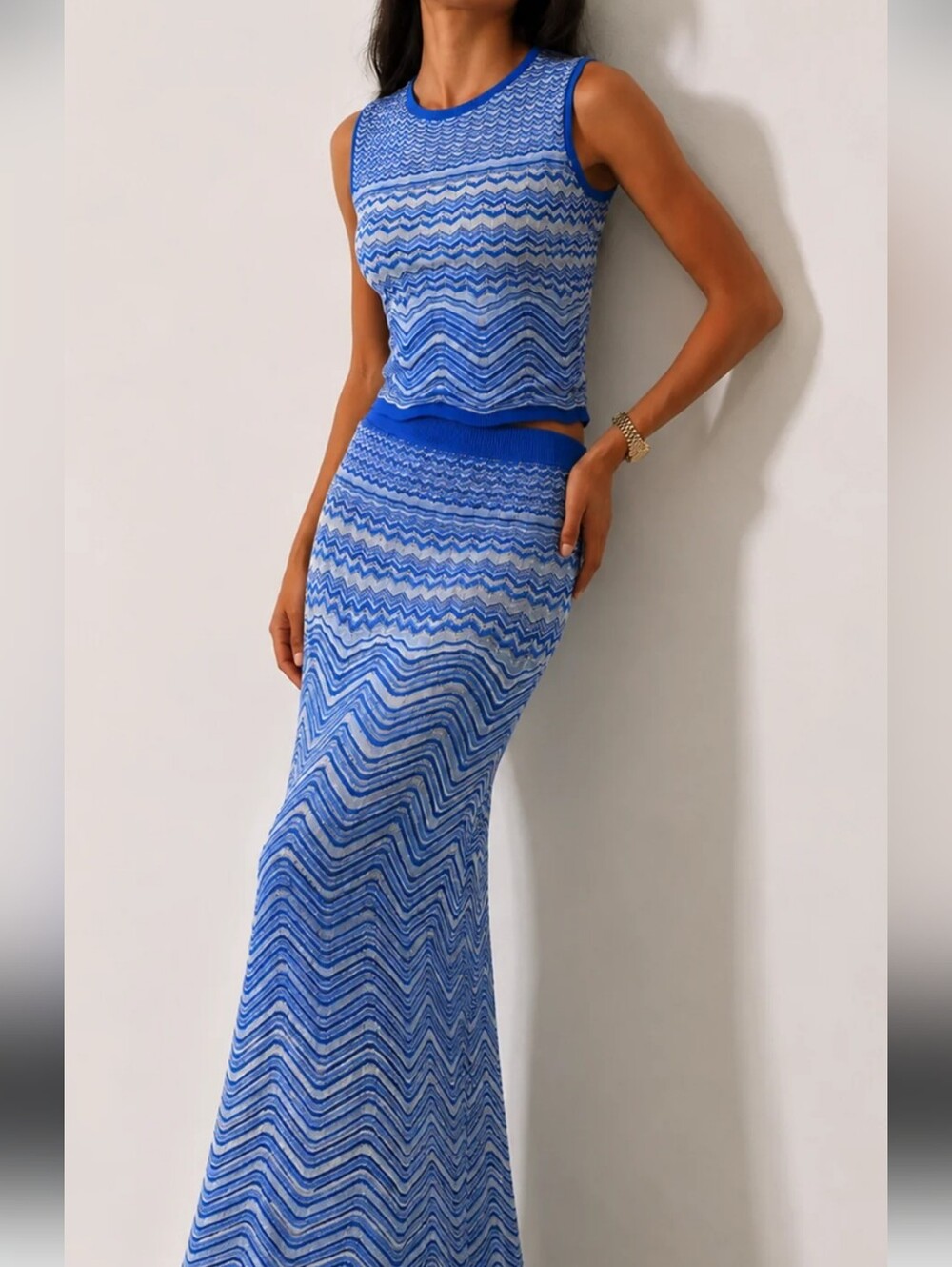 Commense Blue Chevron Knit Maxi Skirt&Top matching set size L new with tags